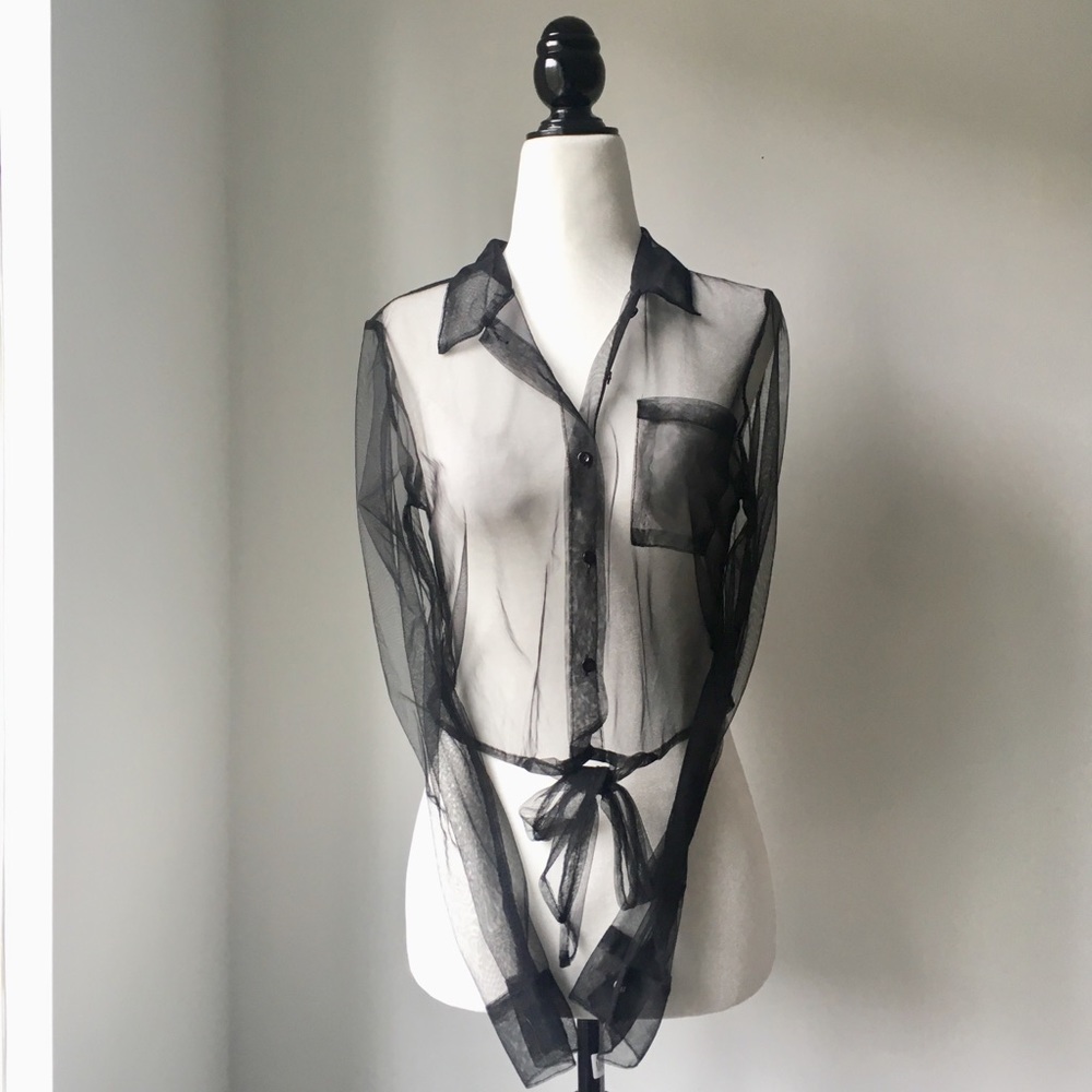 Hers & Mine mesh organza tie front crop top s-m